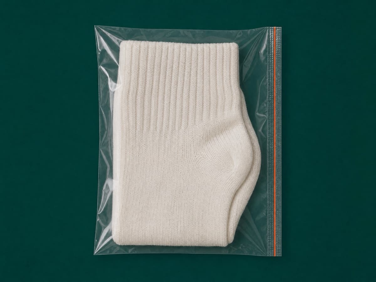 A folded sock inside a clear unprinted sleeve with a heat-sealed seam.