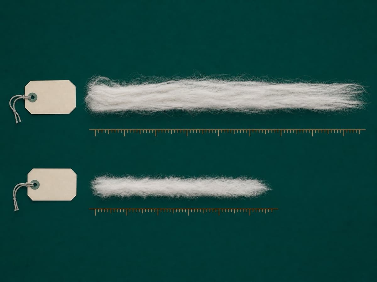 Two combed tufts of cotton fibre laid parallel, the upper noticeably longer than the lower.