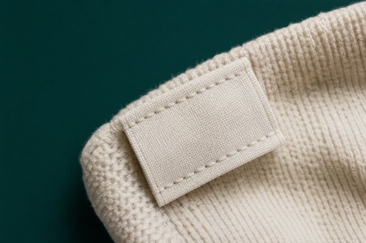 Macro of a woven composition label sewn into a sock cuff.