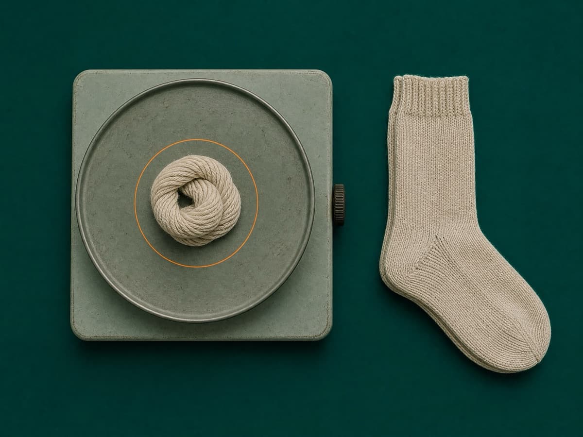 A balance pan holding a coil of bare yarn, with a finished sock set outside the pan.