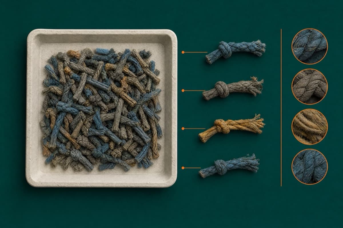 Shredded recovered feedstock in a shallow specimen tray, photographed flat.