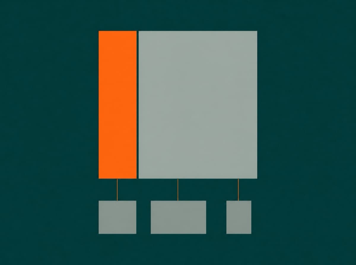 A block divided into a smaller orange field and a larger solid grey-green field of equal visual weight.