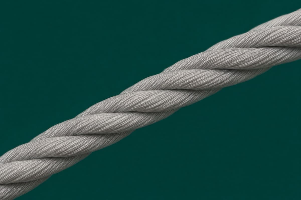 Macro of the spun yarn, twist and individual fibres visible.