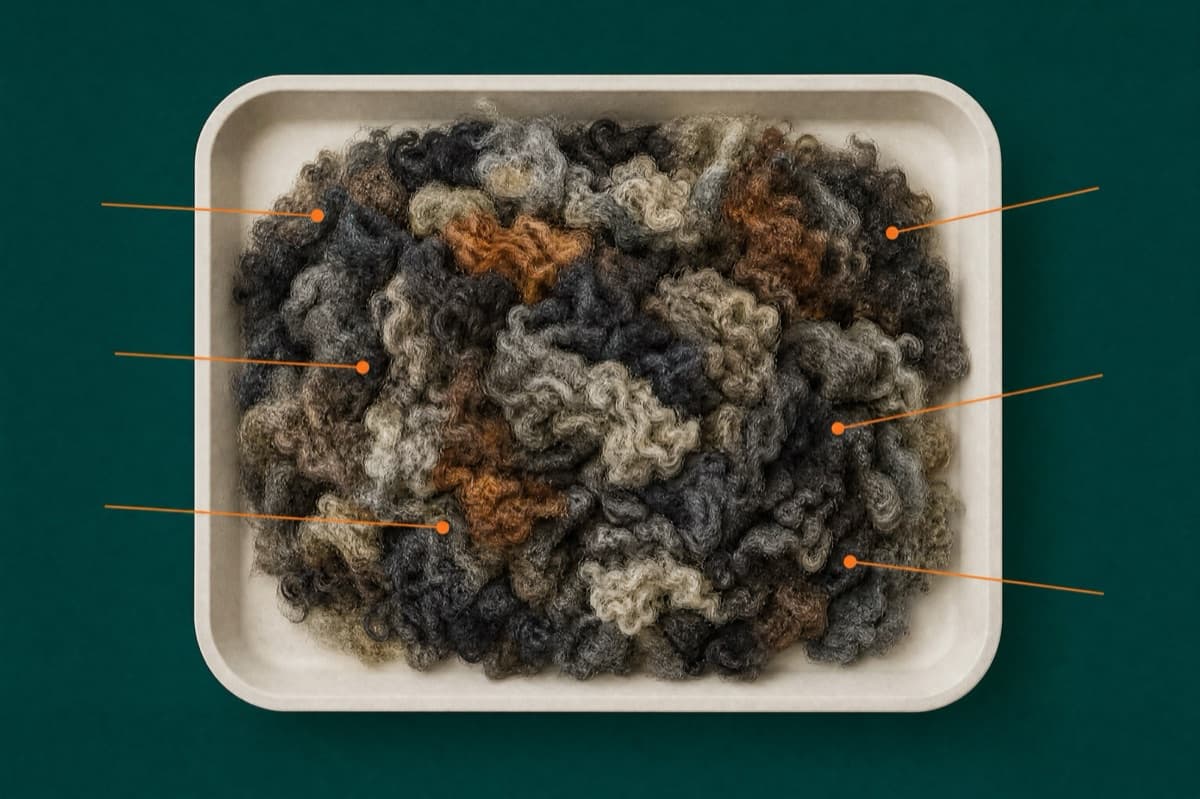 The recovered feedstock category this yarn is drawn from, in a specimen tray.