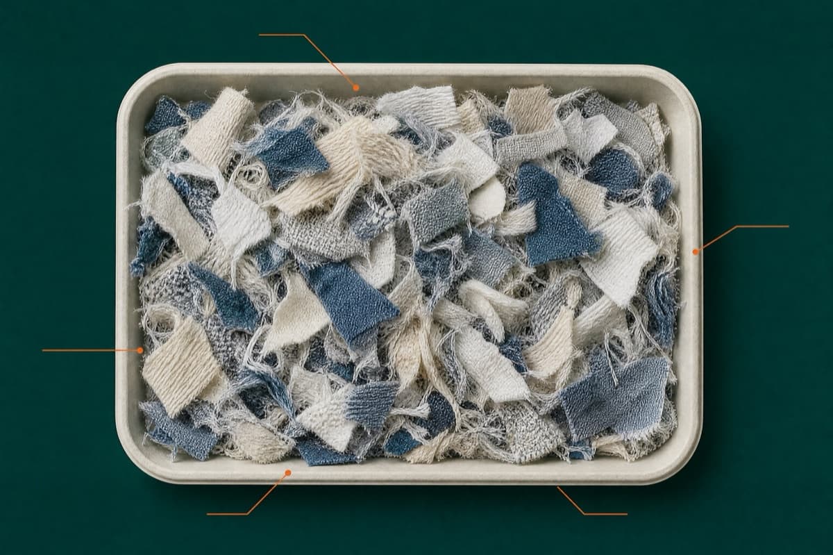 The recovered feedstock category this yarn is drawn from, in a specimen tray.